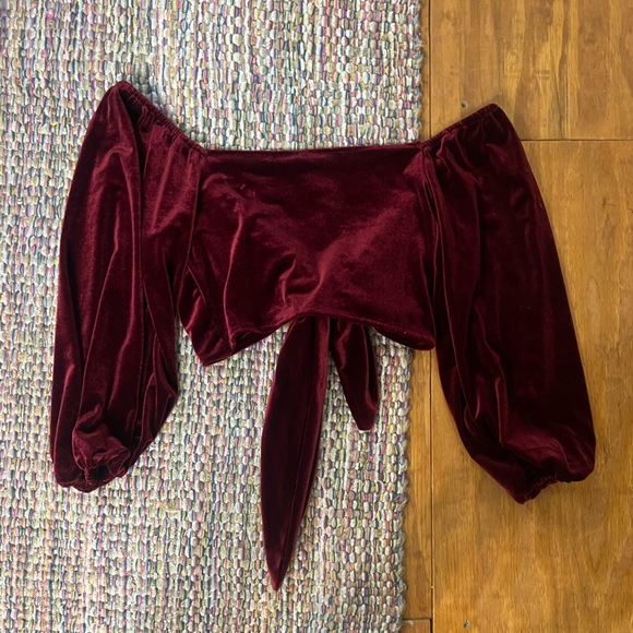 Olivaceous Deep Red Velvet Wrap Shrug Crop Top - Picture 5 of 5